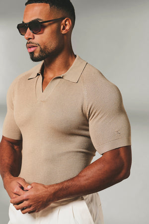 Square Textured Knitted Open Collar Polo Shirt in Stone