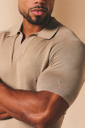 Textured Knitted Open Collar Polo Shirt in Stone