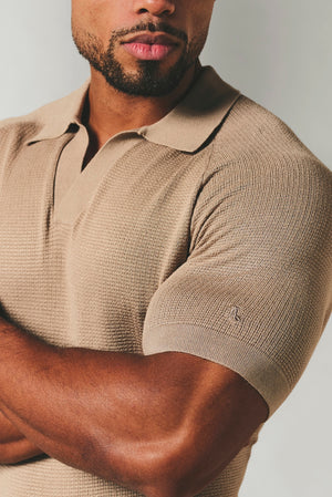 Square Textured Knitted Open Collar Polo Shirt in Stone