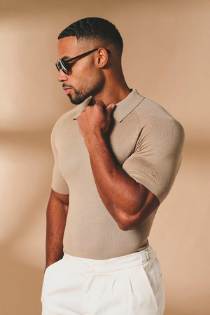 Textured Knitted Open Collar Polo Shirt in Stone