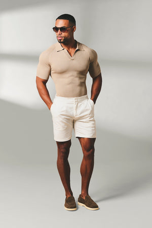 Square Textured Knitted Open Collar Polo Shirt in Stone