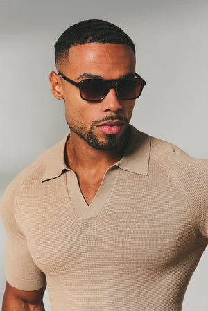 Square Textured Knitted Open Collar Polo Shirt in Stone