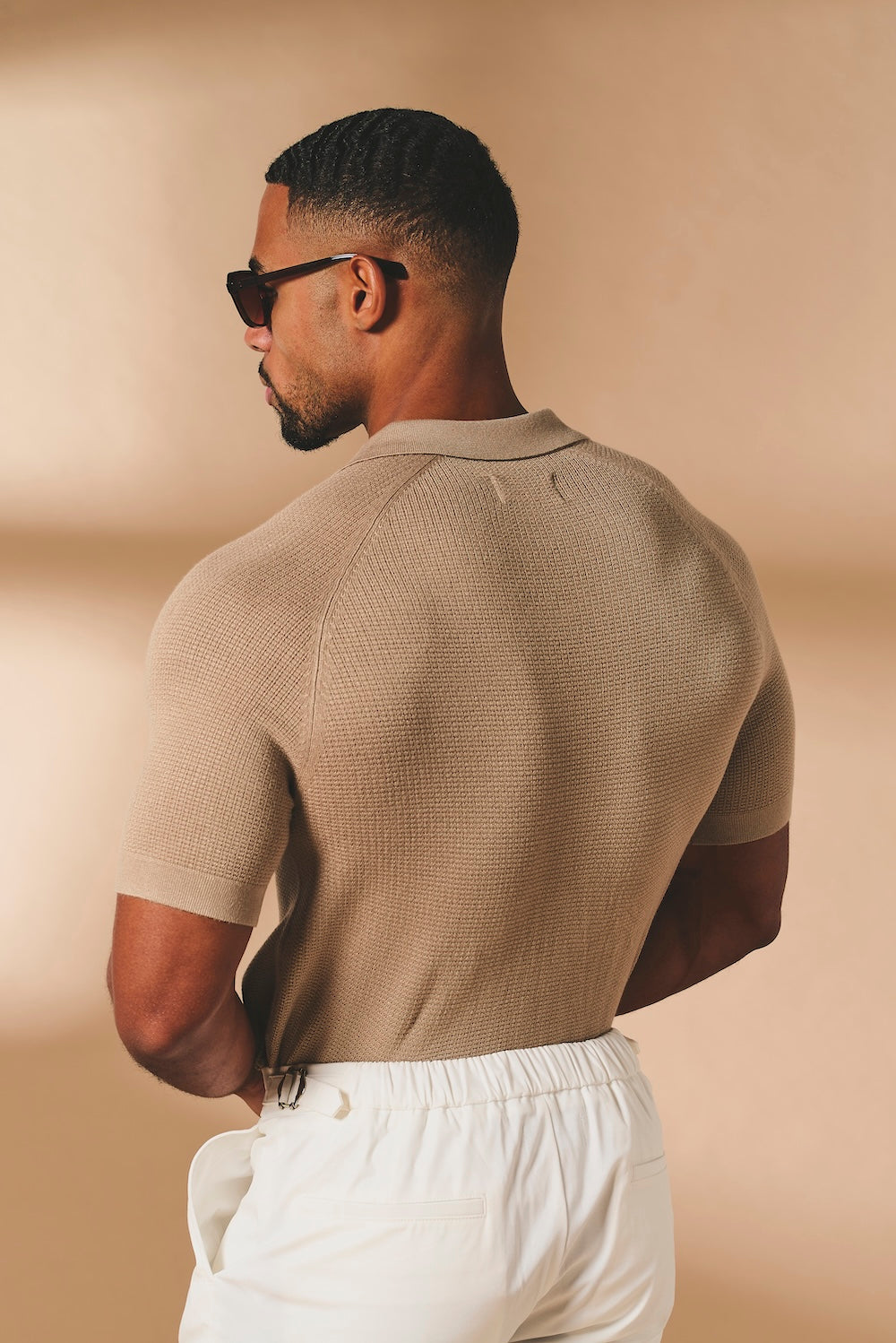 Textured Knitted Open Collar Polo Shirt in Stone