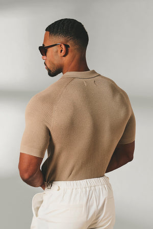 Square Textured Knitted Open Collar Polo Shirt in Stone