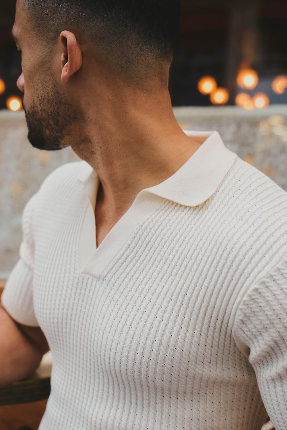 Fine Cable Knitted Open Collar Polo Shirt in Ecru