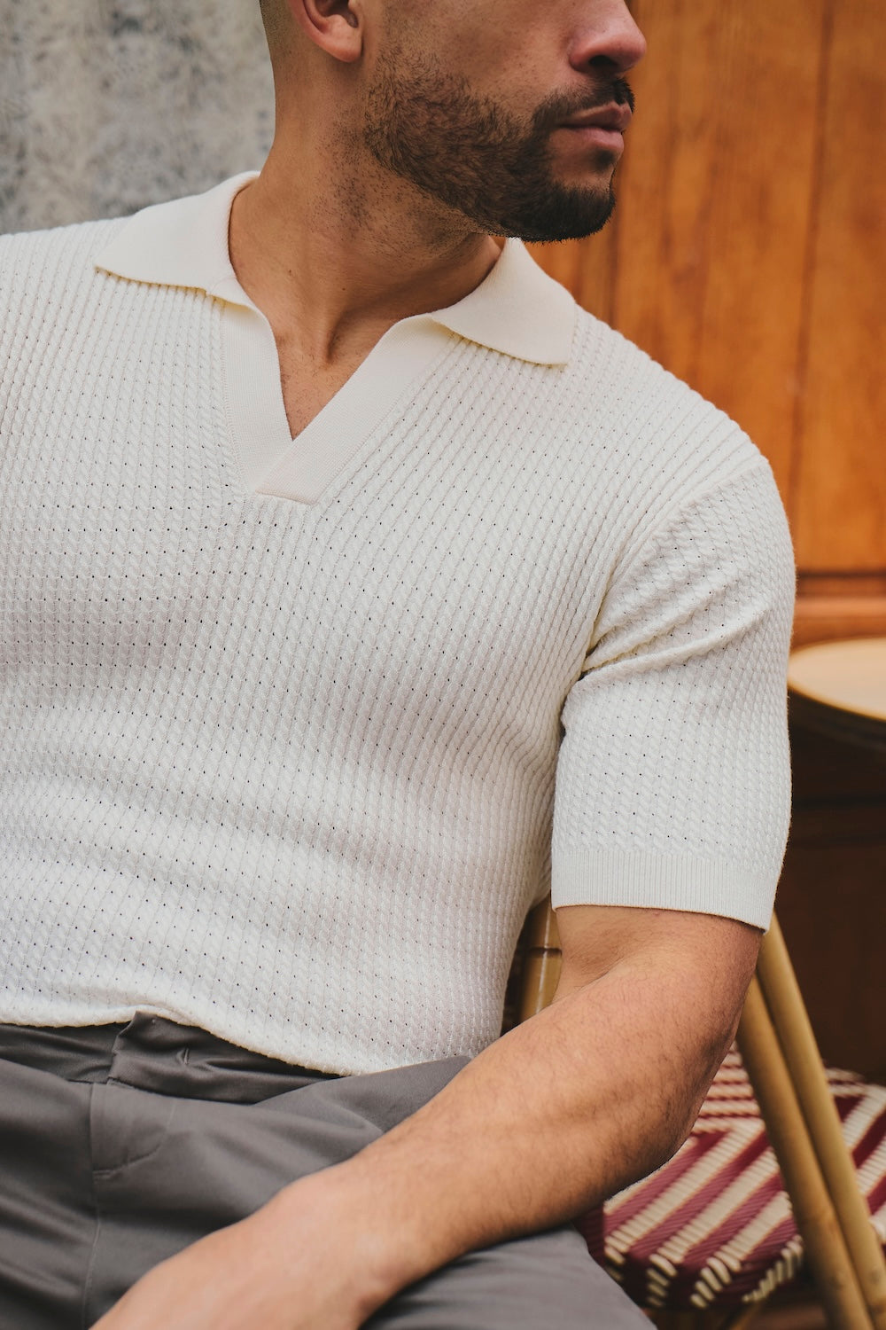 Fine Cable Knitted Open Collar Polo Shirt in Ecru