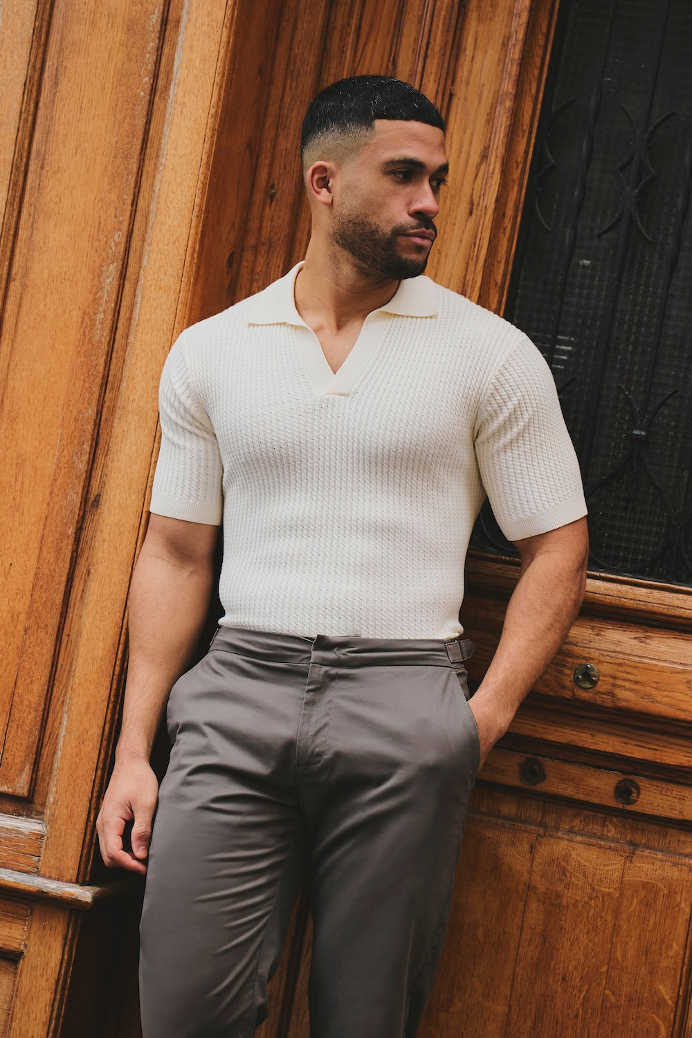 Fine Cable Knitted Open Collar Polo Shirt in Ecru