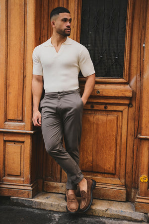 Fine Cable Knitted Open Collar Polo Shirt in Ecru