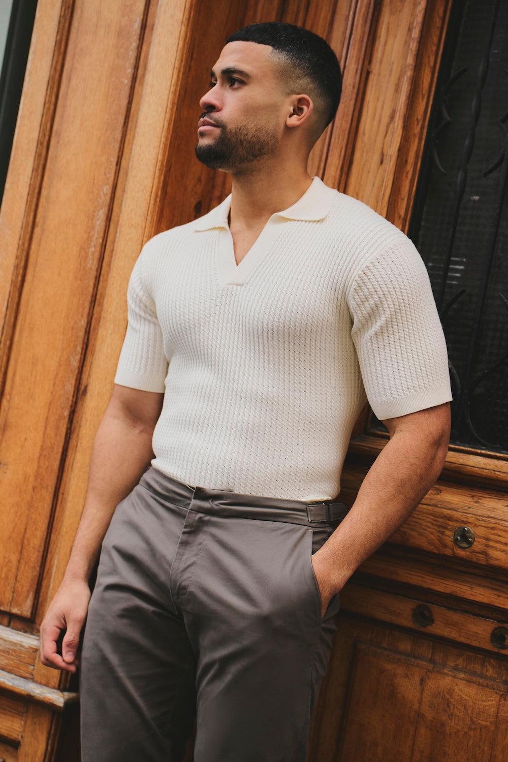 Fine Cable Knitted Open Collar Polo Shirt in Ecru