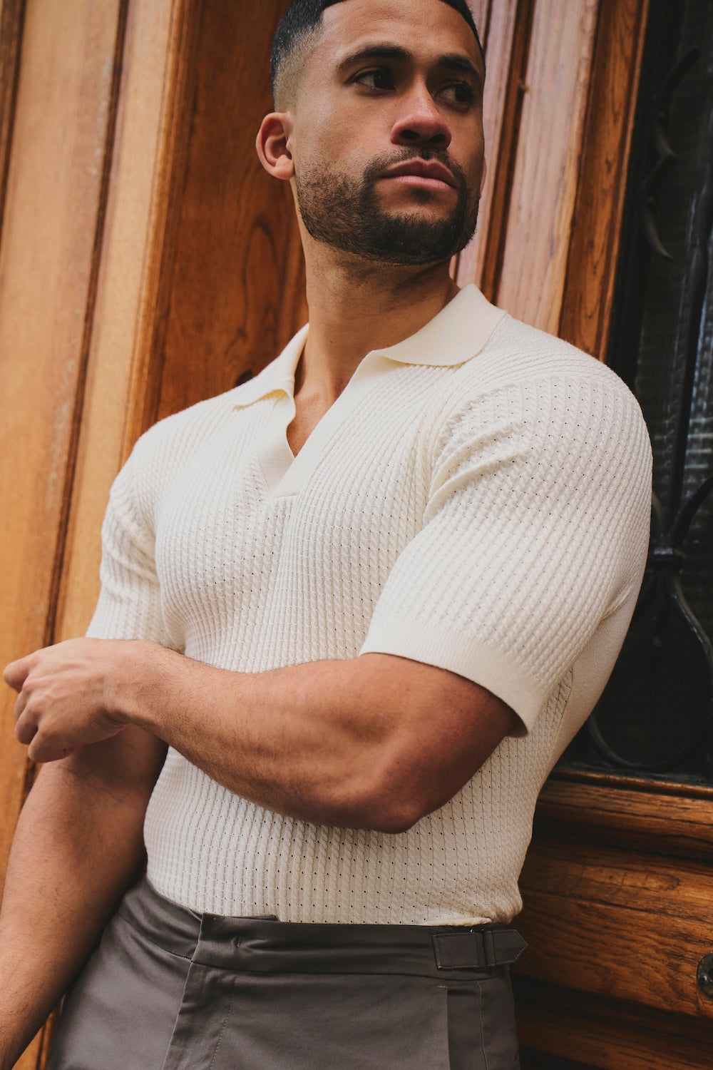 Fine Cable Knitted Open Collar Polo Shirt in Ecru