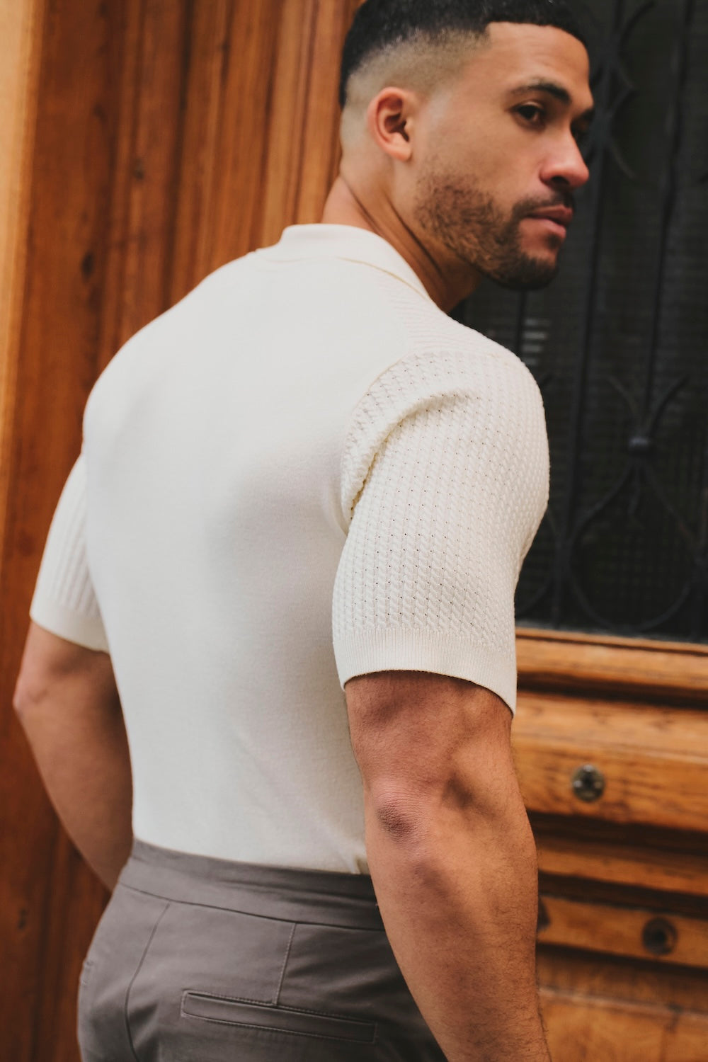 Fine Cable Knitted Open Collar Polo Shirt in Ecru