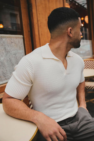 Fine Cable Knitted Open Collar Polo Shirt in Ecru