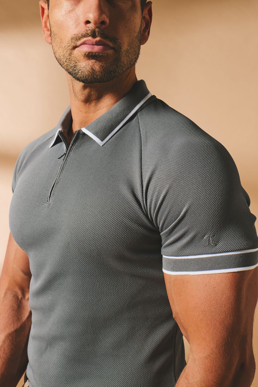 Textured Zip Neck Polo Shirt in Graphite and White Tipping