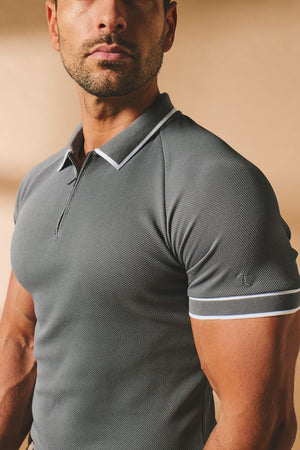 Textured Zip Neck Polo Shirt in Graphite and White Tipping