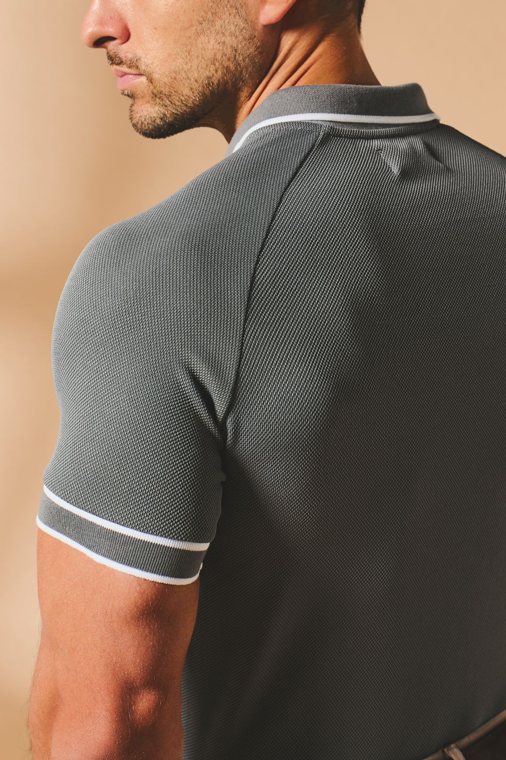 Textured Zip Neck Polo Shirt in Graphite and White Tipping