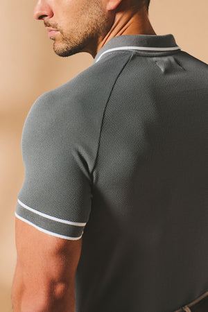 Textured Zip Neck Polo Shirt in Graphite and White Tipping