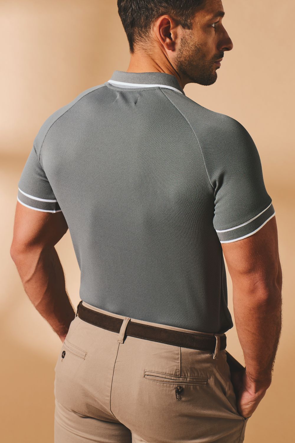 Textured Zip Neck Polo Shirt in Graphite and White Tipping