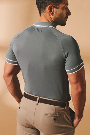 Textured Zip Neck Polo Shirt in Graphite and White Tipping