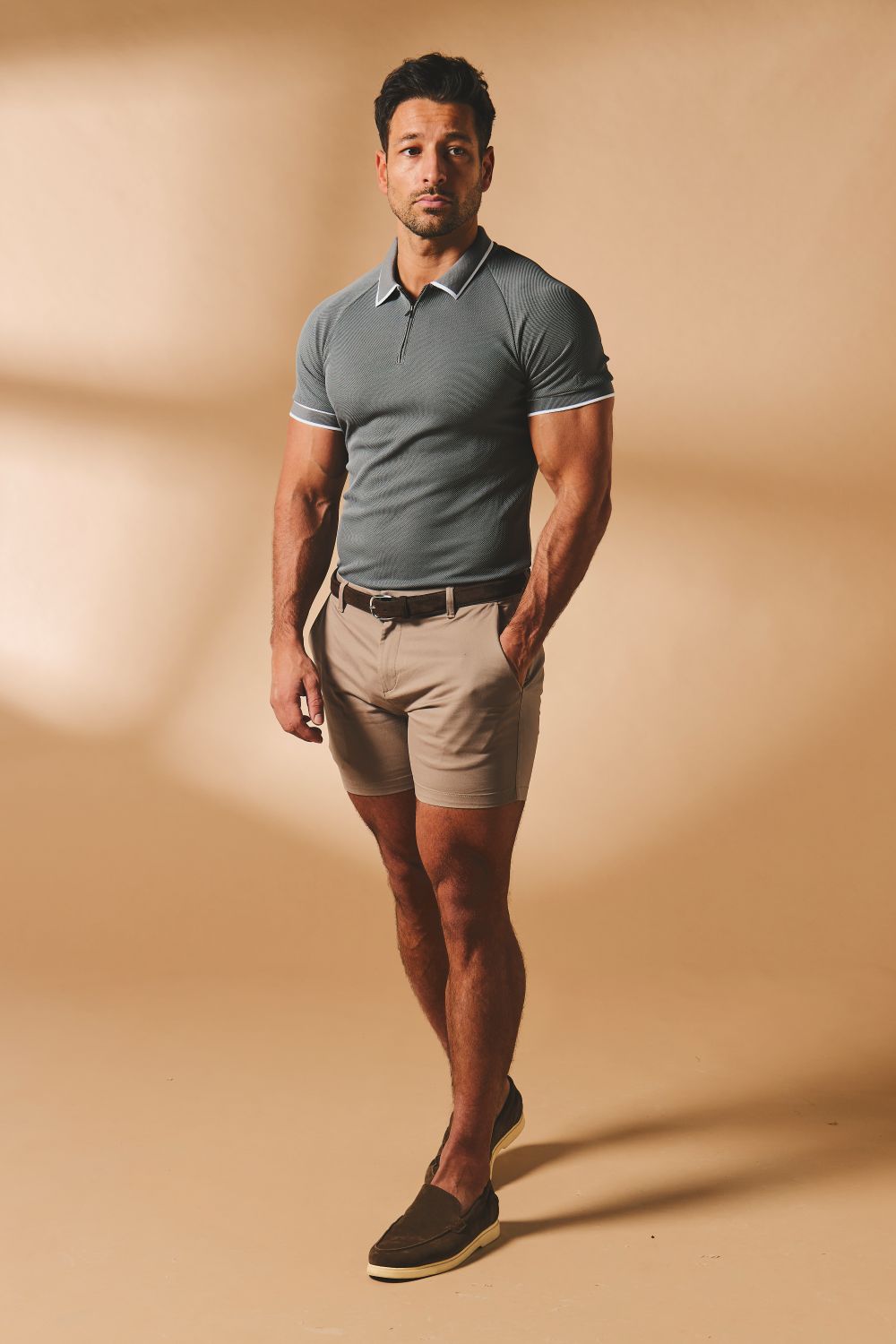 Textured Zip Neck Polo Shirt in Graphite and White Tipping