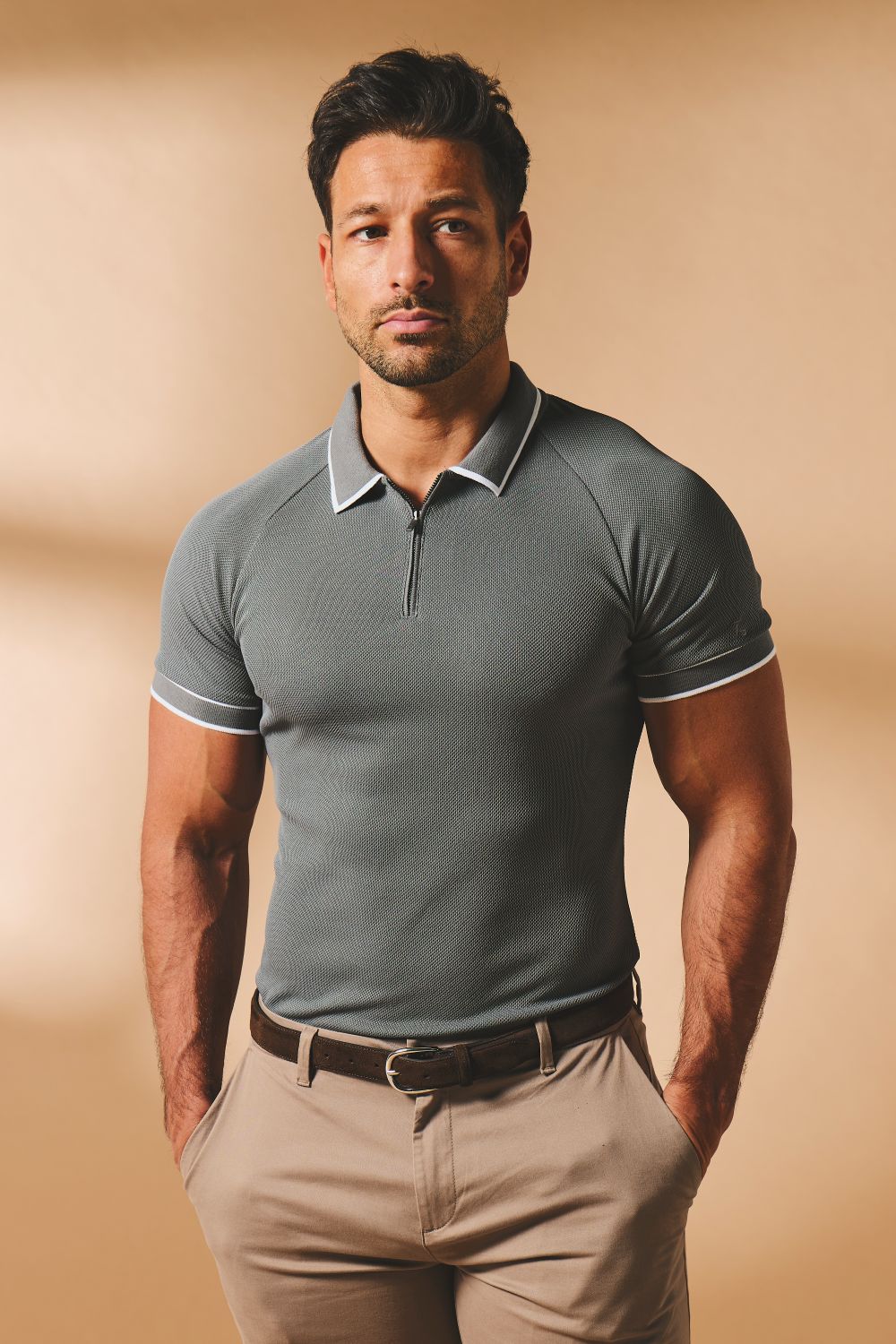 Textured Zip Neck Polo Shirt in Graphite and White Tipping