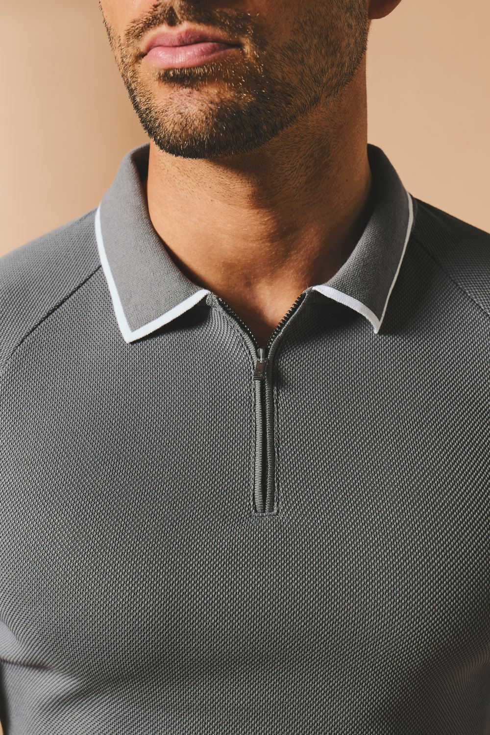 Textured Zip Neck Polo Shirt in Graphite and White Tipping