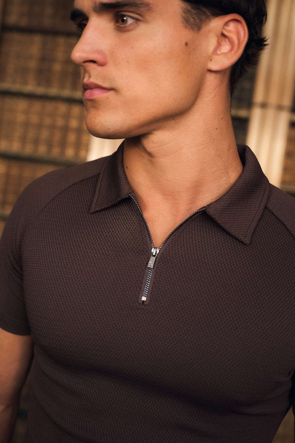 Textured Zip Neck Polo Shirt in Chocolate