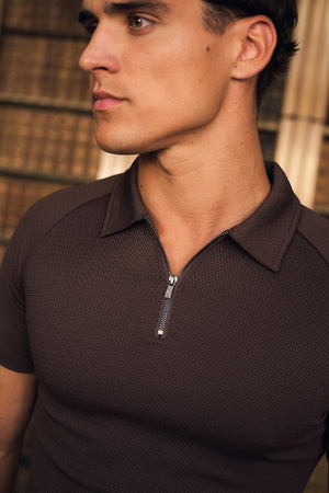 Textured Zip Neck Polo Shirt in Chocolate