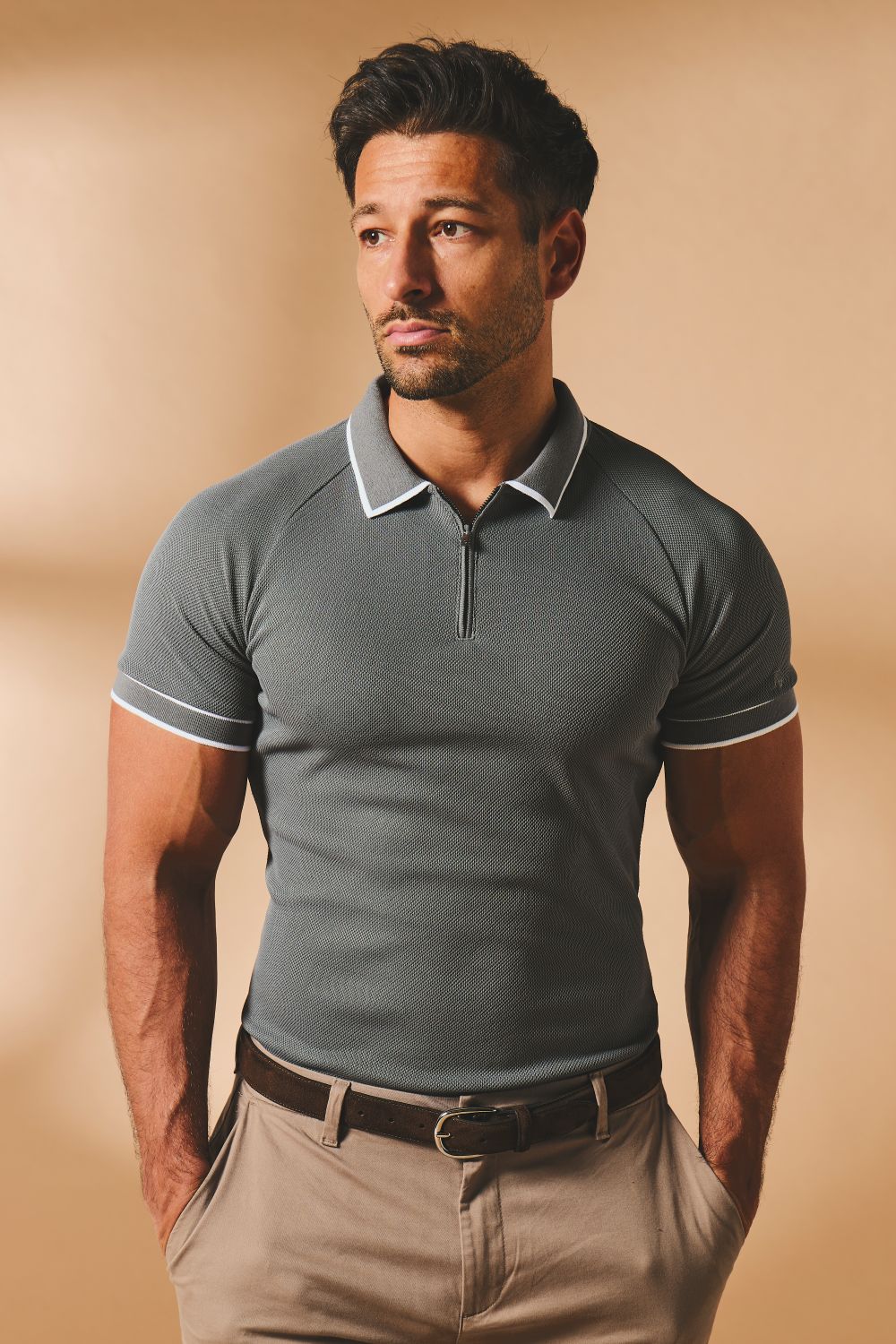 Textured Zip Neck Polo Shirt in Graphite and White Tipping