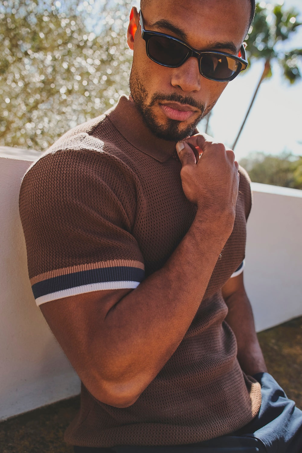 Colour Block Tipped Crochet Knit Polo Shirt in Chocolate