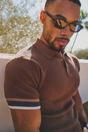 Colour Block Tipped Crochet Knit Polo Shirt in Chocolate