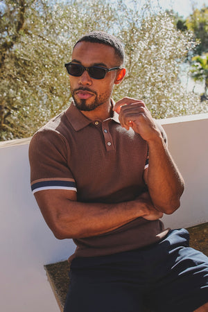 Colour Block Tipped Crochet Knit Polo Shirt in Chocolate