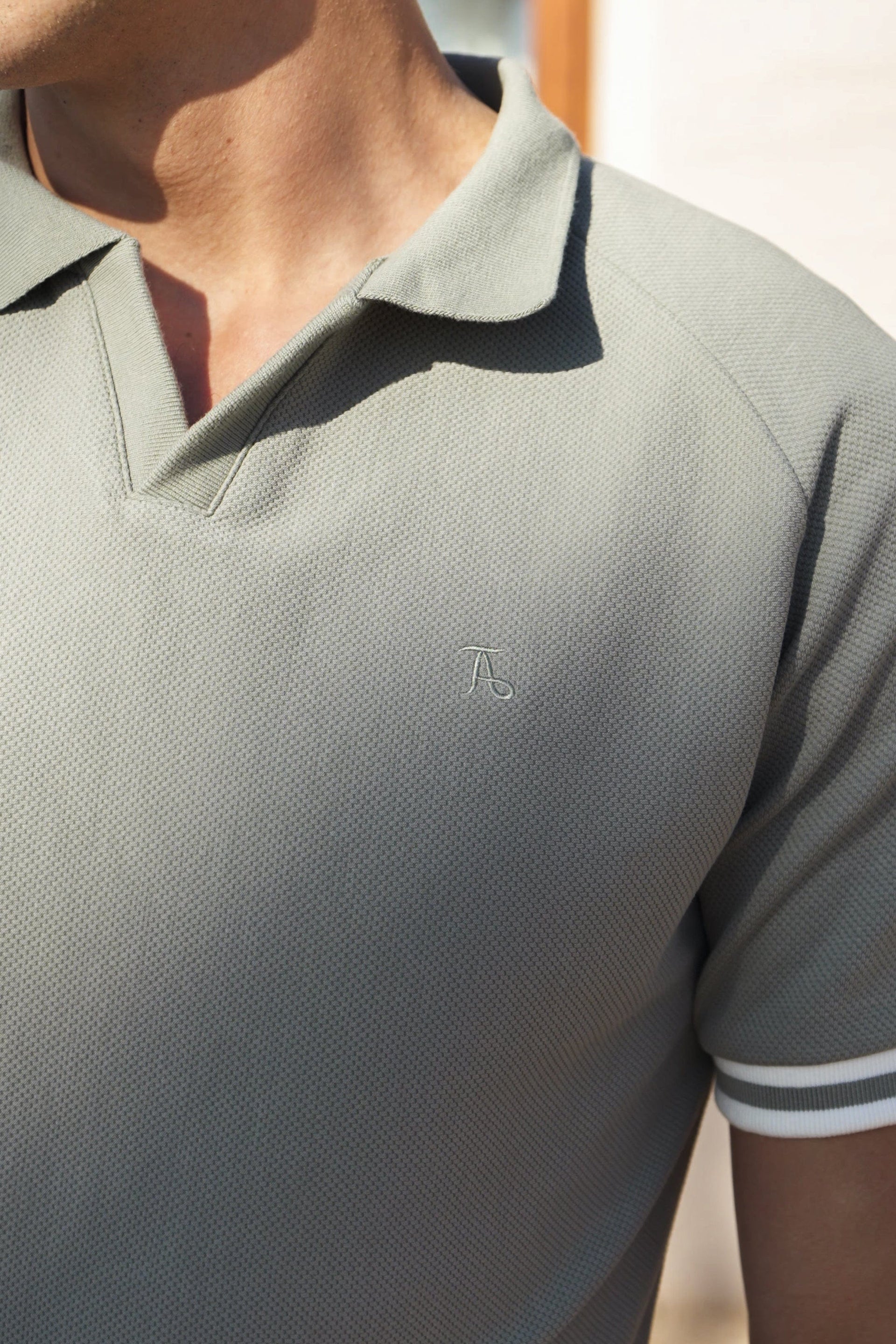 Tipped Textured Open Collar Polo Shirt in Soft Khaki - TAILORED ATHLETE - ROW