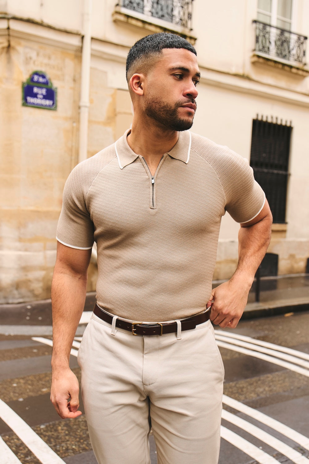 Textured Tipped Knitted Zip Neck Polo Shirt in Stone and White Tipping