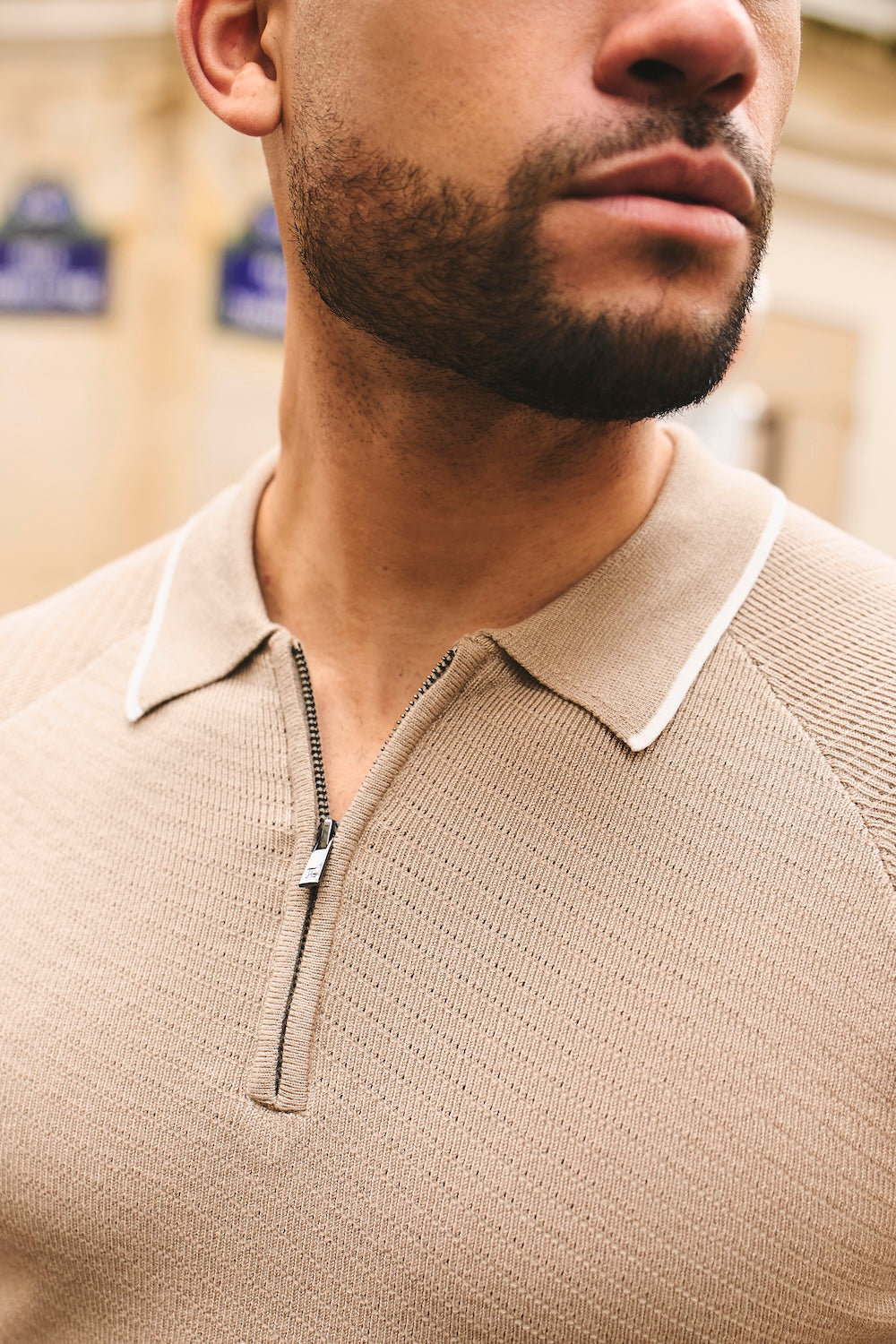 Textured Tipped Knitted Zip Neck Polo Shirt in Stone and White