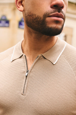 Textured Tipped Knitted Zip Neck Polo Shirt in Stone and White Tipping