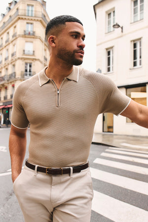 Textured Tipped Knitted Zip Neck Polo Shirt in Stone and White Tipping