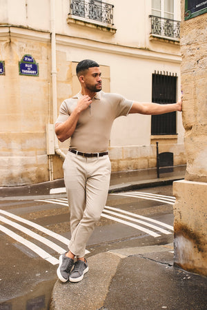 Textured Tipped Knitted Zip Neck Polo Shirt in Stone and White Tipping