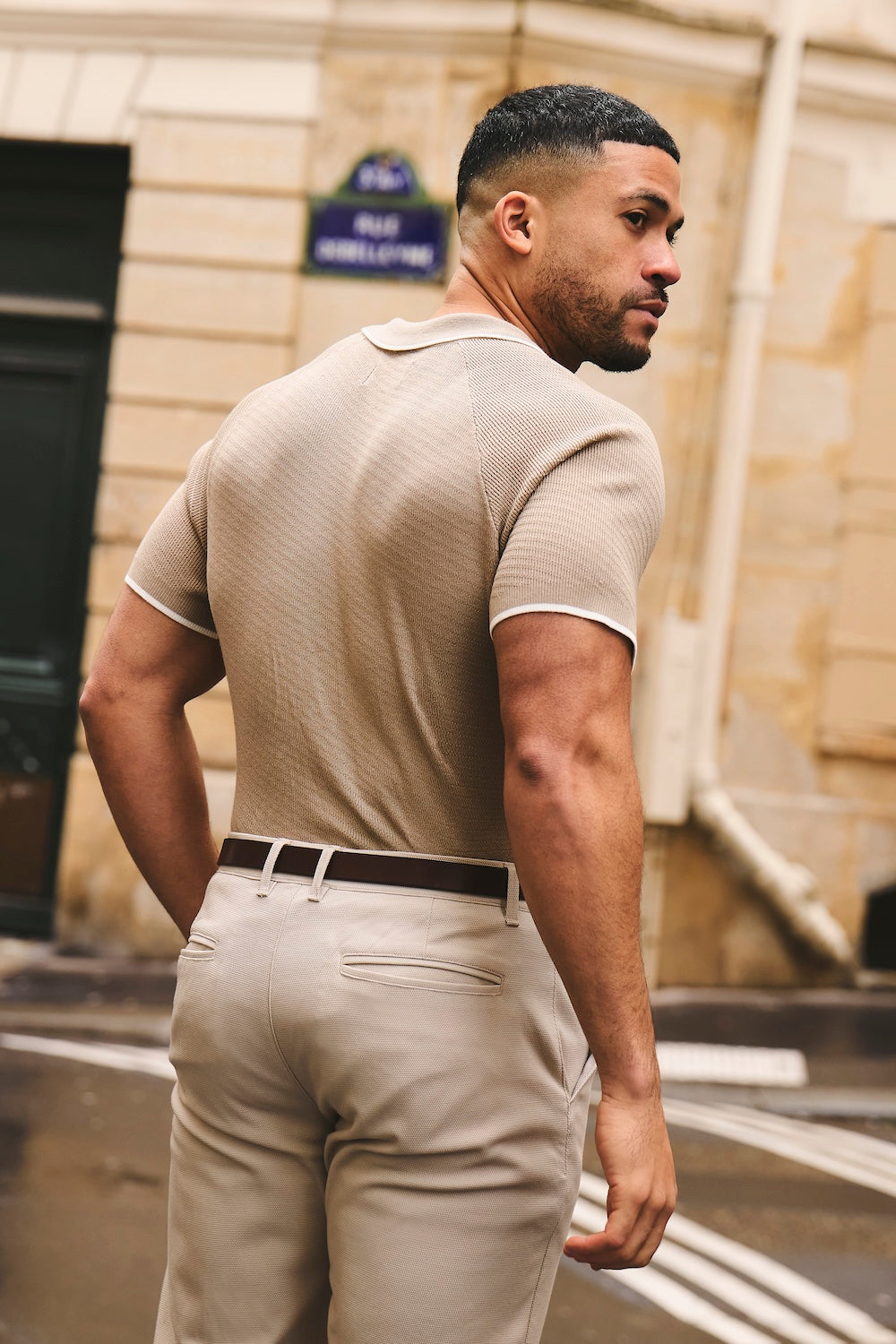 Textured Tipped Knitted Zip Neck Polo Shirt in Stone and White Tipping