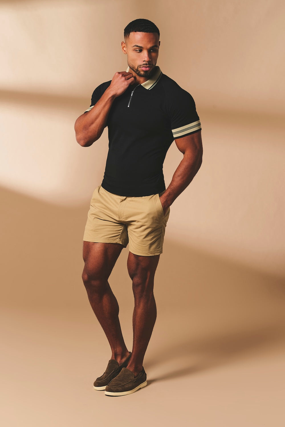 Tipped Zip Neck Polo in Black and Stone Tipping