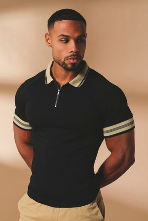 Tipped Zip Neck Polo in Black and Stone Tipping
