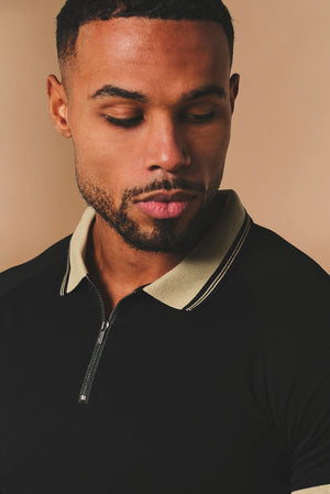 Tipped Zip Neck Polo in Black and Stone Tipping