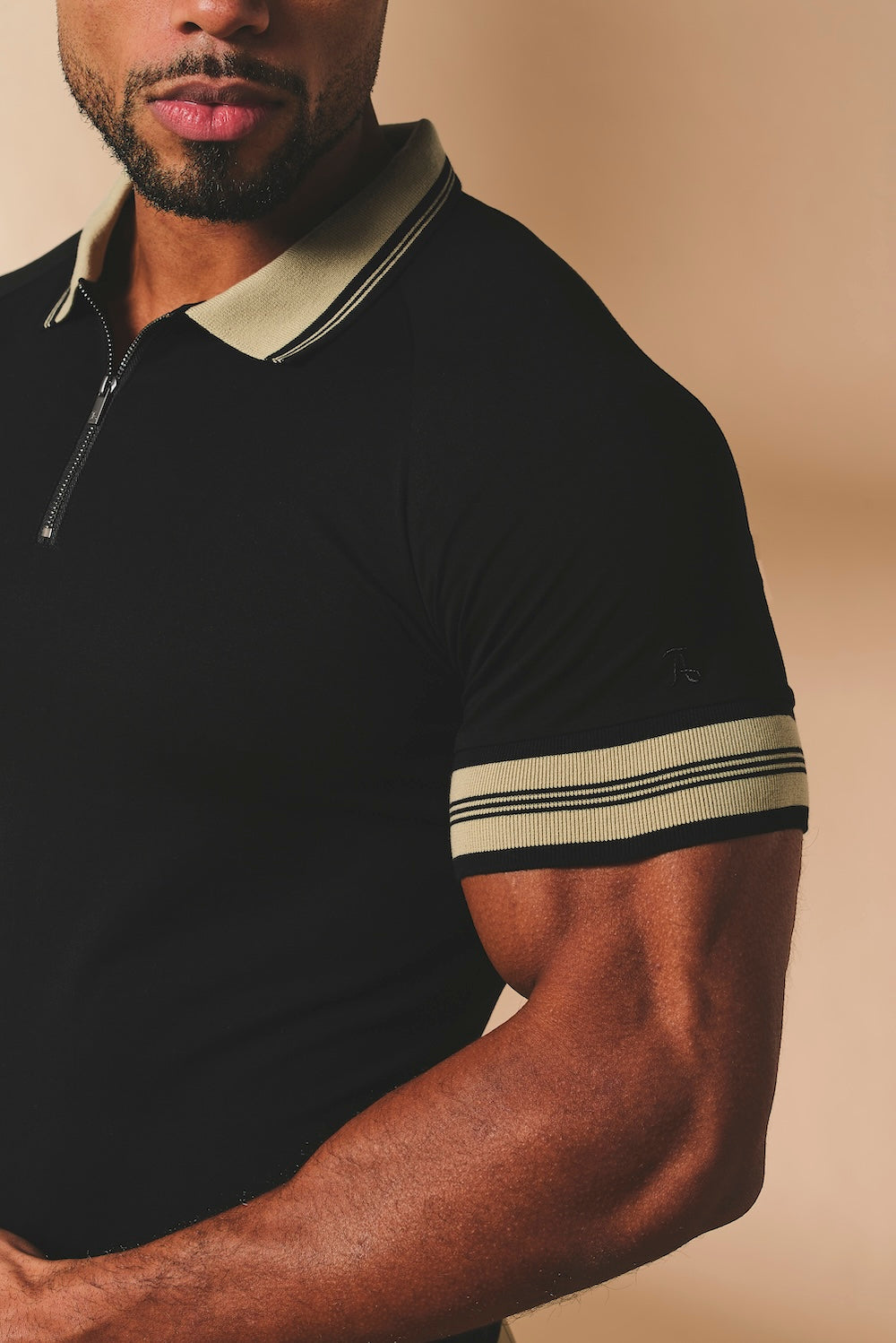 Tipped Zip Neck Polo in Black and Stone Tipping