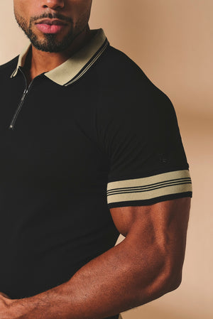 Tipped Zip Neck Polo in Black and Stone Tipping