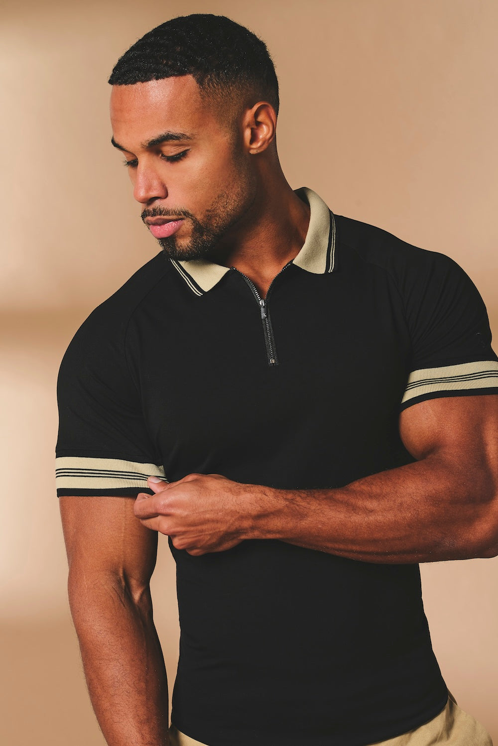 Tipped Zip Neck Polo in Black and Stone Tipping