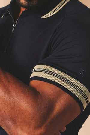 Tipped Zip Neck Polo in Navy and Stone