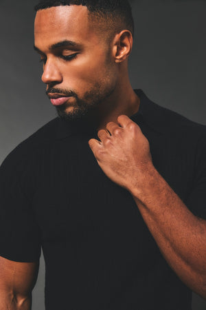 Vertical Stripe Knitted Open Collar Polo Shirt in Black