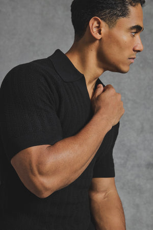 Vertical Stripe Knitted Open Collar Polo Shirt in Black