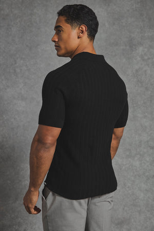 Vertical Stripe Knitted Open Collar Polo Shirt in Black