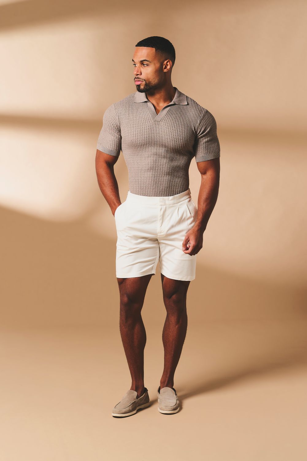 Fine Cable Knitted Open Collar Polo Shirt in Mocha Marl