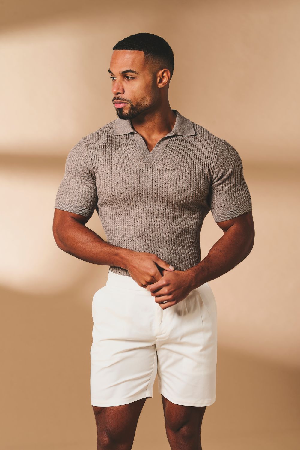Fine Cable Knitted Open Collar Polo Shirt in Mocha Marl